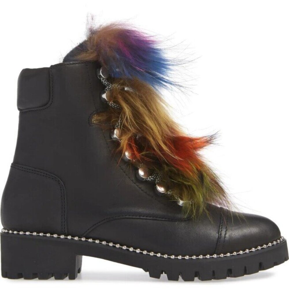 Cecelia New York Trekker Boot with Genuine Fox Fur Trim BLACK LEATHER, size 7